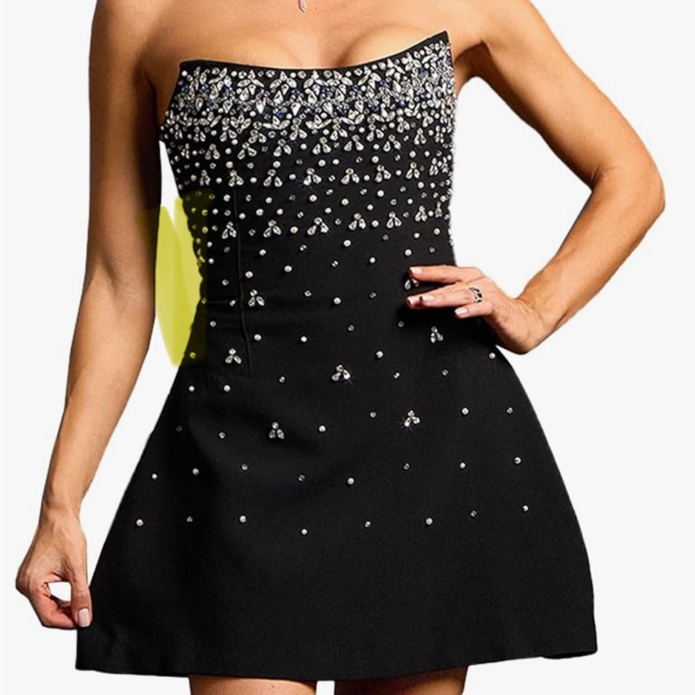 Black Mini Dress. Elegant Black Strapless Dress with Embellishments